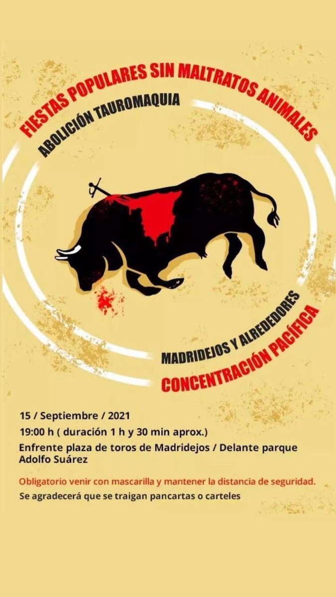 📣 Esta tarde en #Madridejos se ha convocado una concentración pacífica

¡Abolición tauromaquia! 

🔁 Acude y difunde