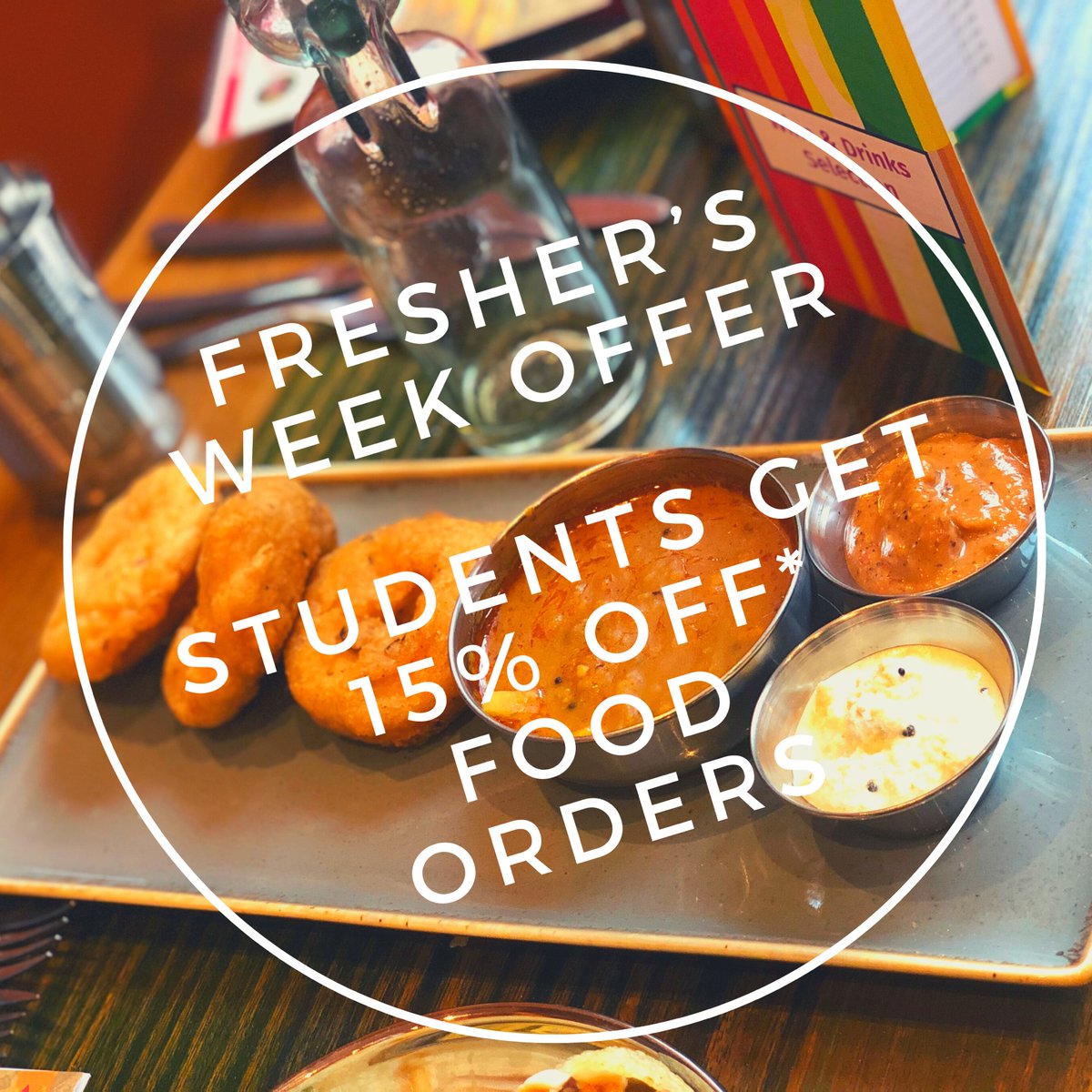 👀 Fresher’s Week Offer 😋

To welcome you back to the new term, all students get 15% off* their food bill - sit in or takeaway (excludes meal deal and set menus).

Please show student I.D. to redeem this offer. 
#glasgowstudents #glasgowfreshers #glasgowfreshersweek