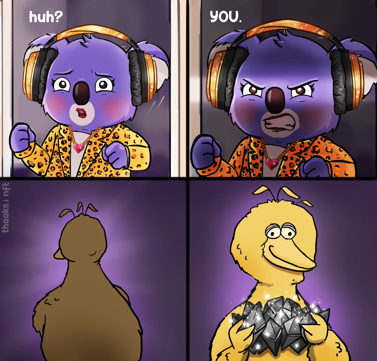 I promised that if we sell out, I'd make a Walla vs BigBird comic just for fun. It's a running joke in the discord where we use the BigBird-kicking-down-door gif to announce we've entered the chat. This trend was started by CJ and is still a known inside joke to the Early Agents