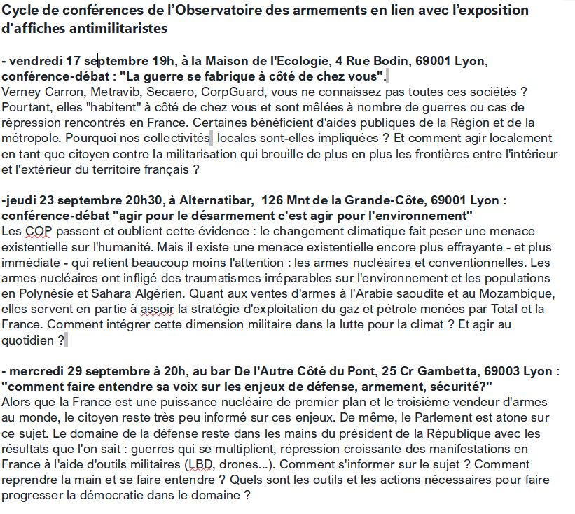 obsarm's tweet photo. Conférences d'@obsarm en lien avec l’exposition 

- vendredi 17/09 19h, à la Maison de l'Ecologie, la guerre se fabrique à côté de chez vous

-jeudi 23/09 20h30, à Alternatibar, armement et climat

- mercredi 29/09 à 20h, au bar De l'Autre Côté du Pont, armement et démocratie https://t.co/YE8FM1CWui
