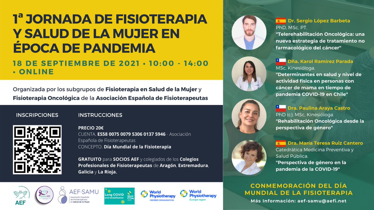 AEF_SAMU's tweet photo. Sólo 3 días para la #IJornadadeFisioterapiaySaluddelaMujerenepocadePandemia que tendrá lugar en formato virtual este sábado #18septiembre de 10 a 14 h, organizado por 
@AEF_SAMU y @AEF_ONC #GRATIS para todos los miembros de @aefisio y colegios conveniados

¡INSCRÍBETE YA! https://t.co/TVSg5kDM4E