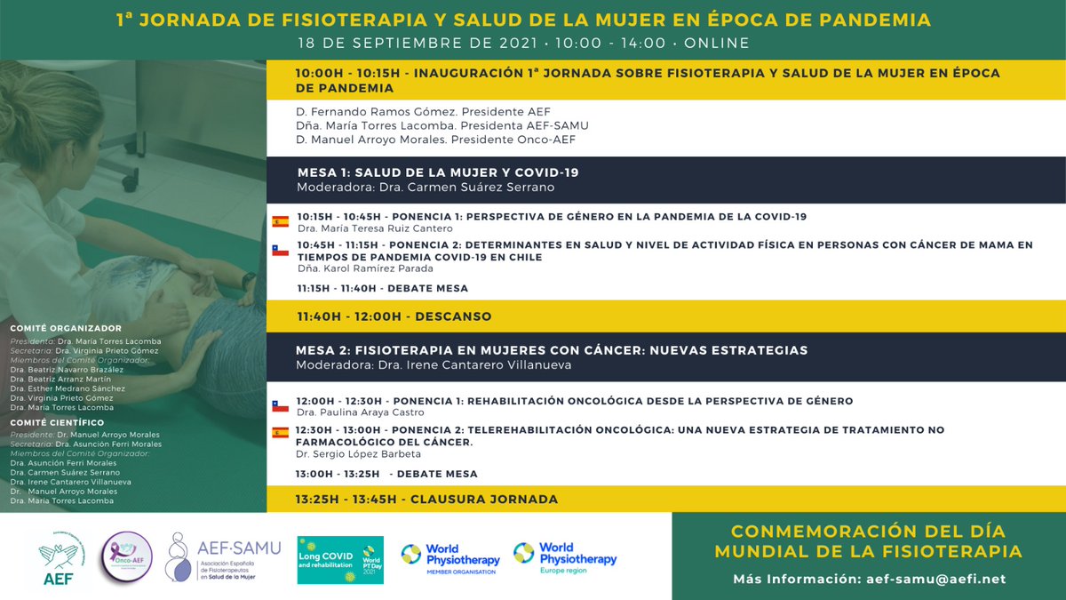 AEF_SAMU's tweet photo. Sólo 3 días para la #IJornadadeFisioterapiaySaluddelaMujerenepocadePandemia que tendrá lugar en formato virtual este sábado #18septiembre de 10 a 14 h, organizado por 
@AEF_SAMU y @AEF_ONC #GRATIS para todos los miembros de @aefisio y colegios conveniados

¡INSCRÍBETE YA! https://t.co/TVSg5kDM4E