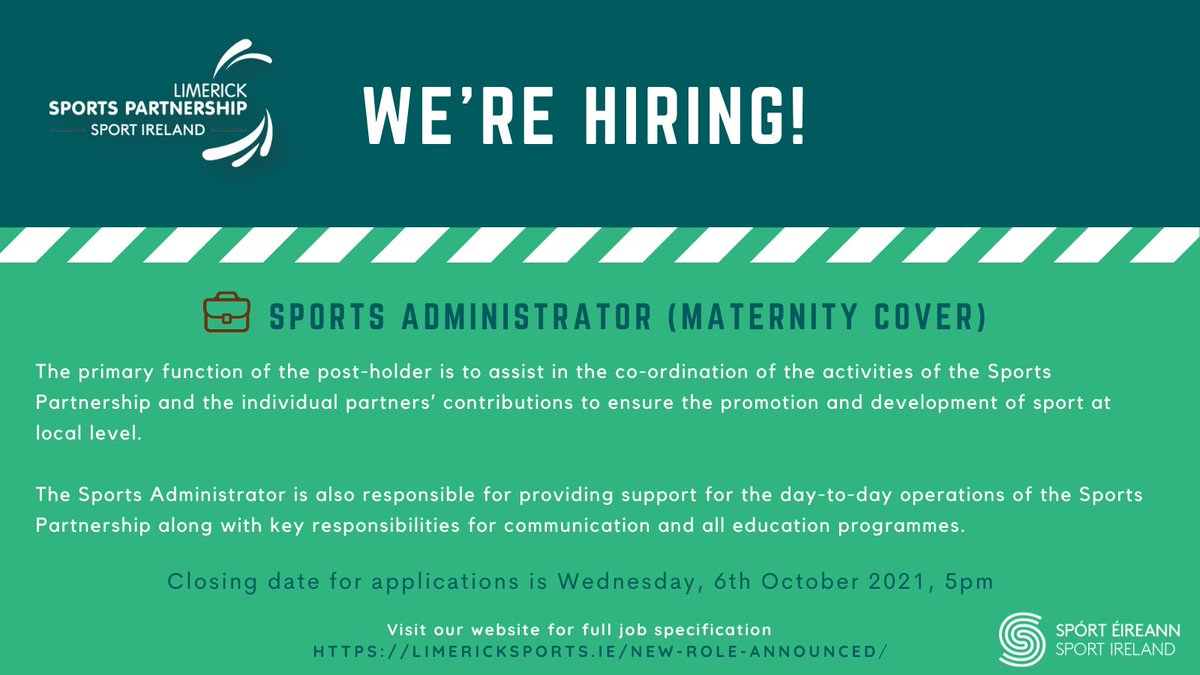 Limericksports's tweet photo. New Role Announced 💼

We are currently advertising for a Sports Administrator (maternity cover)

Please find full job specification + how to apply link as follows:
🔗https://t.co/wf98ckXzr7

#jobfairy #jobsearch https://t.co/SC1oBvDDCz