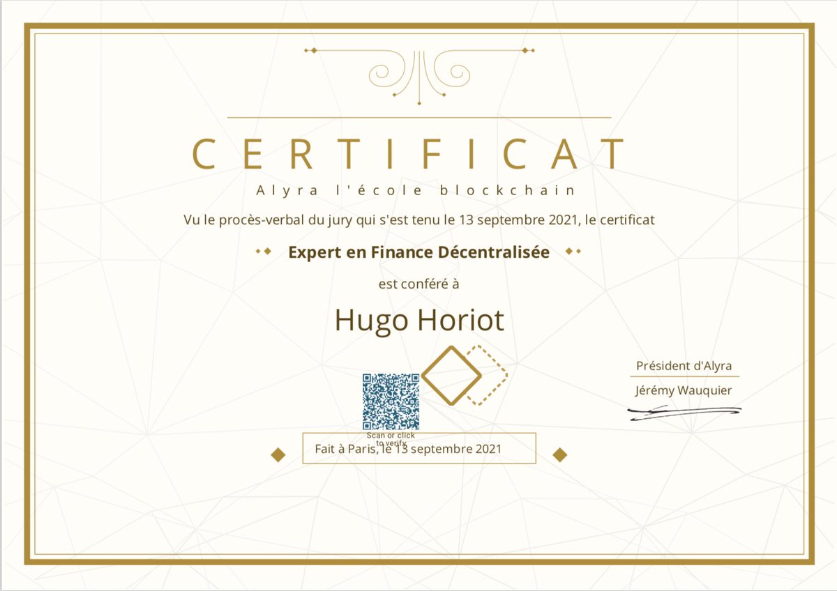 Hugo Horiot (@hugohoriot) on Twitter photo Certification « Expert en Finance Décentralisée » obtenue chez <a href="/alyraBlockchain/">Alyra, l'école blockchain & IA</a> ! C’est un grand plaisir d’explorer l’univers de la #DeFi, une des applications phares de la #Blockchain, avec des intervenants de grande qualité. #cryptocurrency #Crypto
certificate.bcdiploma.com/check/7B6C1899… Certification « Expert en Finance Décentralisée » obtenue chez <a href="/alyraBlockchain/">Alyra, l'école blockchain & IA</a> ! C’est un grand plaisir d’explorer l’univers de la #DeFi, une des applications phares de la #Blockchain, avec des intervenants de grande qualité. #cryptocurrency #Crypto
certificate.bcdiploma.com/check/7B6C1899…