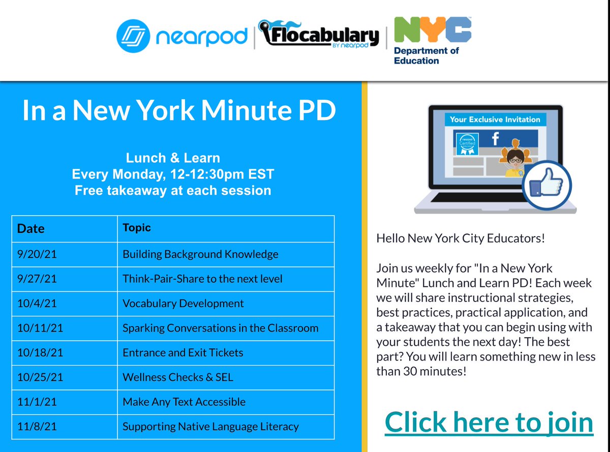 Welcome back #NYCNearpod teachers!! We hope your first few days are going great!! 💙💙💙 We wanted to share some fun tips and tricks on how to use @Nearpod in your classrooms! Please join us for Lunch and Learns starting on September 20th from 12-12:30pm💙 #NYCschoolstech