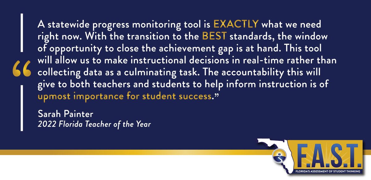 "The window of opportunity to close the achievement gap is at hand. The accountability this will give to both teachers and students to help inform instruction is of the upmost importance for student success." - Sarah Painter, 2022 Florida Teacher of the Year <a href="/2022FloridaTOY/">Sarah Painter</a>