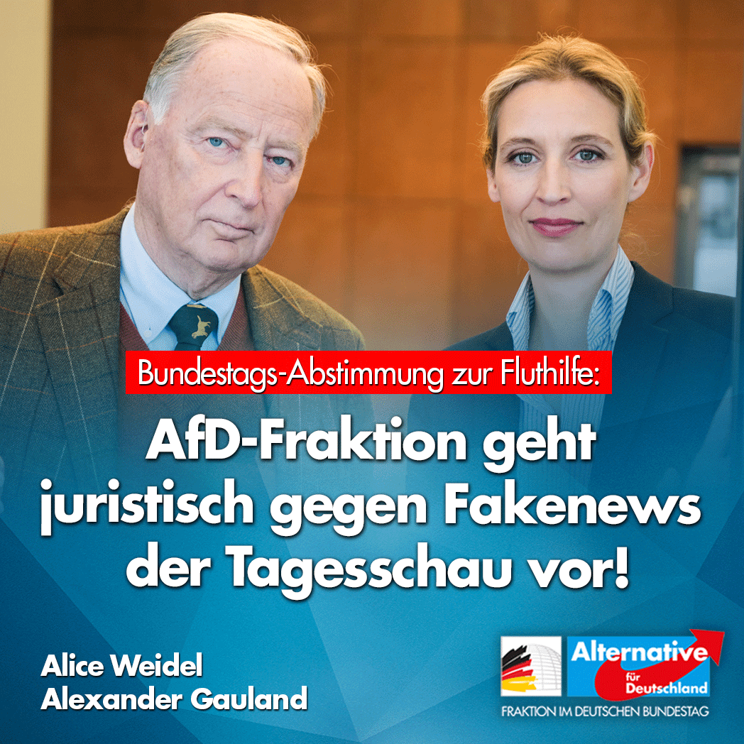 AfDimBundestag's tweet photo. Wir gehen juristisch gegen die irreführende Berichterstattung der @tagesschau über die Abstimmung zur #Fluthilfe vor. Der von der #Tagesschau vermittelte Eindruck, die #AfD-Fraktion habe der Fluthilfe "nicht zugestimmt", ist nachweislich falsch.
https://t.co/QX2XXDG2HG https://t.co/wVPBQ3rJXh