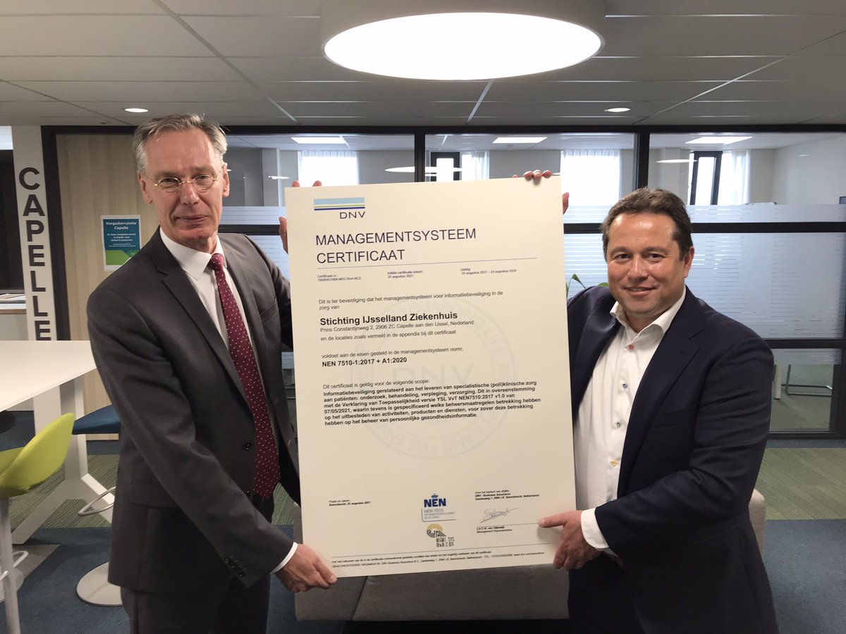 Trots op NEN7510 certificering! Hiermee tonen we aan dat we voldoen aan de voor zorginstellingen verplichte NEN7510-norm. Dit betekent dat uw gegevens bij ons zo goed mogelijk in veilige handen zijn, dat vinden we heel belangrijk, zegt Albert van Wijk, bestuurder IJsselland.