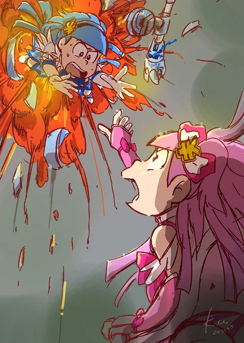 魔法少女 おそ松ちゃん5周年なので魔法少女パンツァーのストーリー描いてみました。カラ松に早く飛び乗って!!っていうトド松かっこよ。パンツァー魔法少女かと思わせといて王道胸熱メカものです!
#へそウォストーリーの一場面を絵で描いてみた 