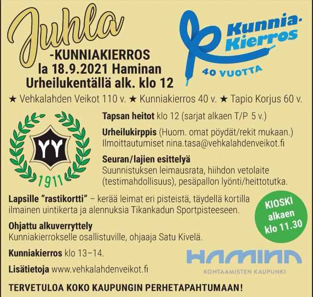 Lauantaina Haminan urheilukentällä koko perheen liikuntatapahtuma klo 12 - 14.30.

Liikuntarasteja kiertämällä lapset ansaitsee ilmaisen uinnin sekä alennuksen Tikankadun SportPisteestä!
Urheilukirppiksellä varusteet kiertoon👍

#liikkuvahamina
#kylätlentoon
@Haminankaupunki