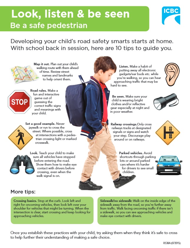 Here are 10 tips to help your child become a safer pedestrian. We recommend reviewing these with your child to ensure they remain safe when they walk to school.