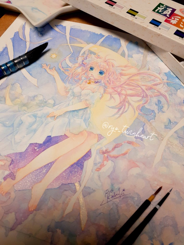 🌙「moon ride」
----------
#透明水彩 #顔彩 #watercolour
プロフェッショナル水彩紙/中目 