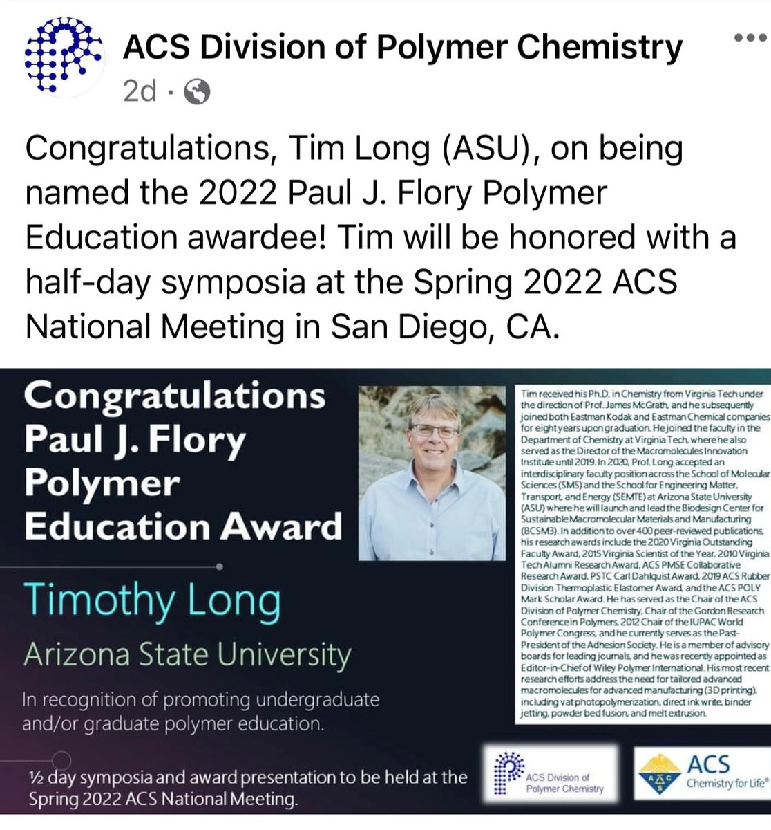 Congratulations to Center Director, <a href="/TimLongASU/">Tim Long</a>, on being awarded the 2022 Paul J. Flory Polymer Education award from <a href="/POLY_ACS/">ACS POLY Division</a> in recognition of his commitment to promoting undergraduate and graduate polymer education!