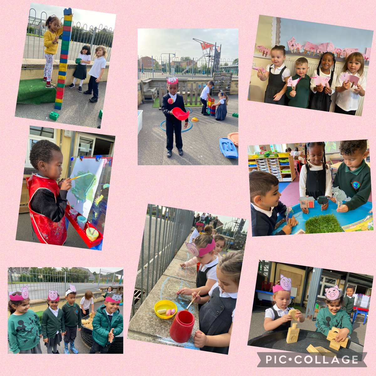 ScowenSun's tweet photo. We have been enjoying playing outside in the sunshine and learning all about the story of the three little pigs with Mrs Picton 🐷🐷🐷 we have also been counting and sequencing numbers with @MrsPitman101 https://t.co/6Y9vo5CFdP