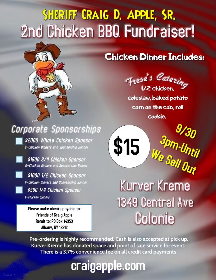 CraigDApplesr's tweet photo. Just a quick reminder… I am having a chicken BBQ on September 30, 2021 from 3-til sold out,  at Kurver Kreme Ice cream located on Central ave in Colonie at the intersection of Fuller Road.  $15 a Dinner.  Thank you and hope to see you there…. https://t.co/G64P3LsP8J