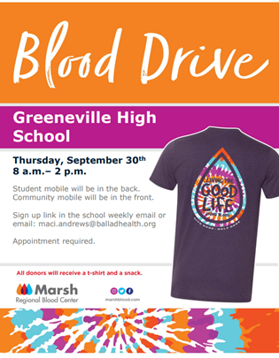 GHS Blood Drive Day Coming Soon!  Sign Up Required! - GHS Juniors and Seniors: 
Appointment Required! edl.io/n1495336