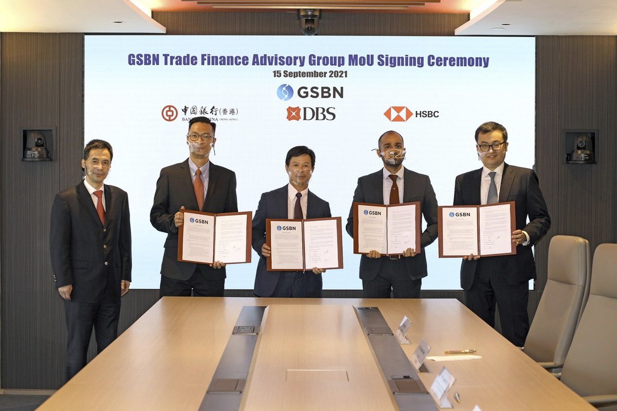 Trade finance is the fuel for global trade. Today, we are delighted to sign a MoU with <a href="/Bank/">The Bank</a> of China, @DBS Bank and <a href="/HSBC/">HSBC</a> at @OOCL office to form the GSBN’s Trade Finance Advisory Group.