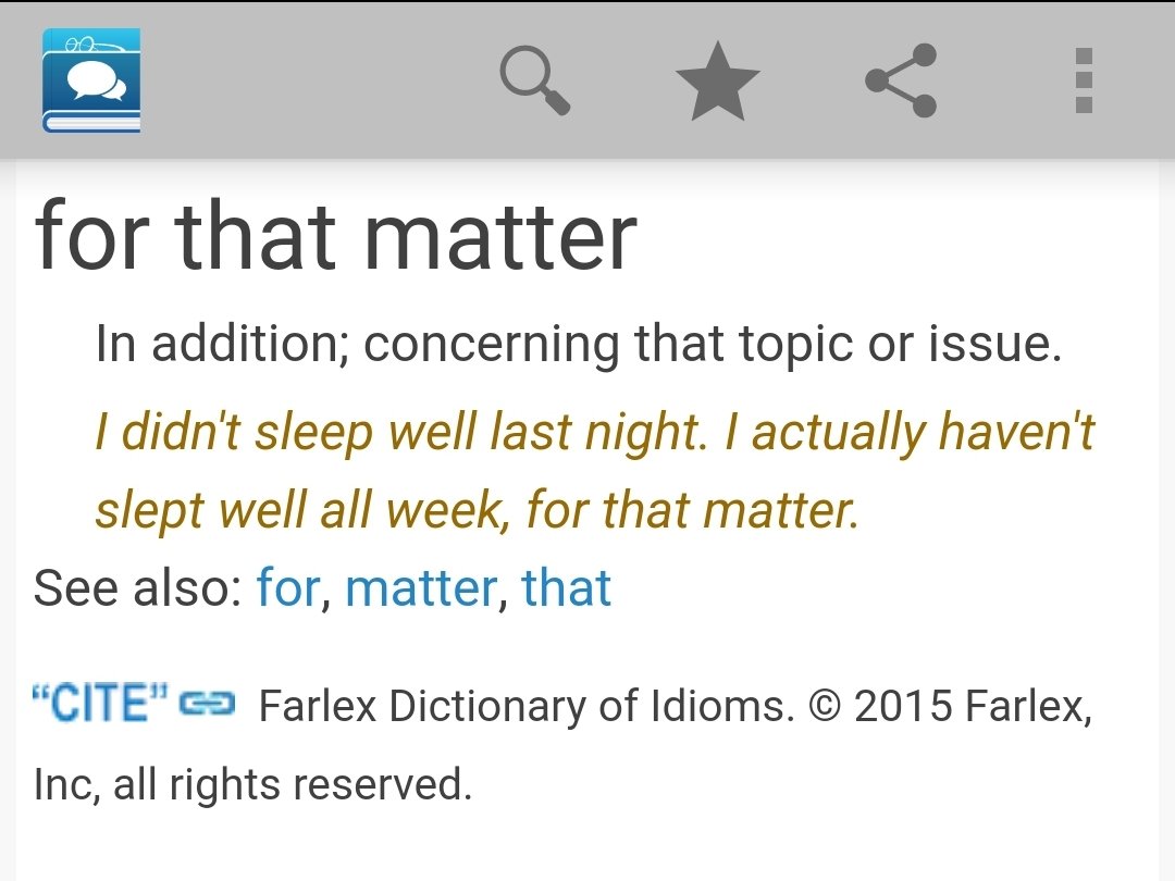 Herminio_EOI's tweet photo. ✔ For that matter

》Used to indicate that a remark you are making is just as important as the previous, similar remark.

▪︎I've never been to Peru, or to any other country in South America for that matter.

#ELT #TEFL #TESOL #LearnEnglish #English #inglés https://t.co/KmayKjyuf7