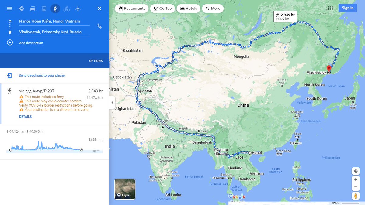 Shortest walk from Hanoi to Vladivostok according to Google Maps