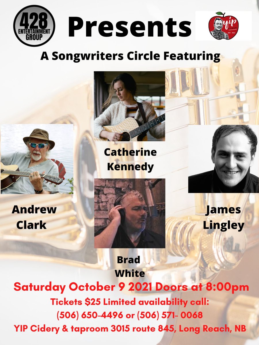 Saturday the 9th October Yip Cider Doors 8:00pm.
#newmusic #itsjameslingley #bradwhite #catherinekennedy #andrewclark  #Yipcider #saintawesome #saintjohn  #428entertainmentgroup #paulmilner #jeffliberty #songwriting  #whitewaterband