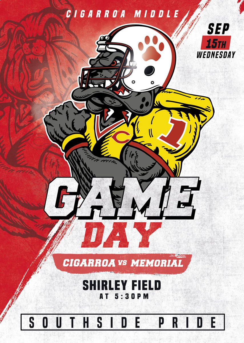 CigarroaMSLISD's tweet photo. Hump day? Nah today is GAME DAY!!! Come out and support our 7th grade boys Football Team as they take on Memorial! Be loud! Be Proud! And most importantly lets show that South Side Pride!!! #SOUTHSIDEPRIDE #LISD #GAMEONE https://t.co/bfkIhrARWS