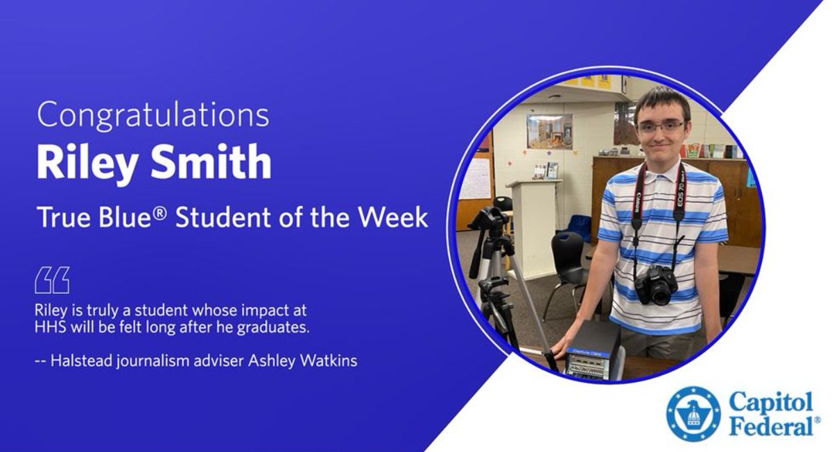 KSHSAA's tweet photo. True Blue Student of the Week: Halstead's Riley Smith takes school's video streaming to higher level. Senior leaves legacy for students with similar interests to follow.
https://t.co/V77OCJ0KnT
by @PaskeKSHSAA 
#KSHSAACovered
@Capfed https://t.co/PoynyFjg28