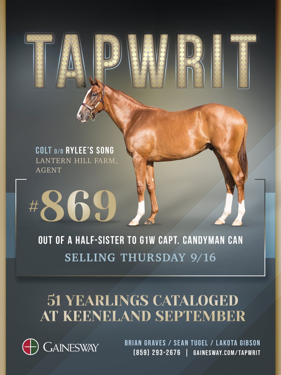 Gainesway's tweet photo. Don't miss the 51 first-crop ✨TAPWRIT✨ yearlings @keenelandsales #KeeSept
This book 2 colt is out of a half to G1W Capt. Candyman Can ⤵️
https://t.co/tcwriBixsj
#SellingTomorrow with @lanternhillfarm https://t.co/ejvXZZSdU1