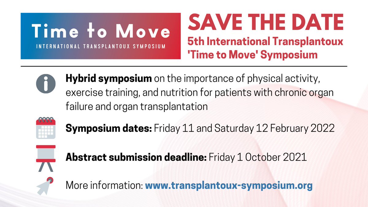 Call for abstracts deadline approaching! Send us your abstracts by October 1st, and join the 5th international Transplantoux 'Time to Move' symposium! For more info &amp; details visit our website: transplantoux-symposium.org. It is time to move! 
#transplantoux #transplantouxsymposium