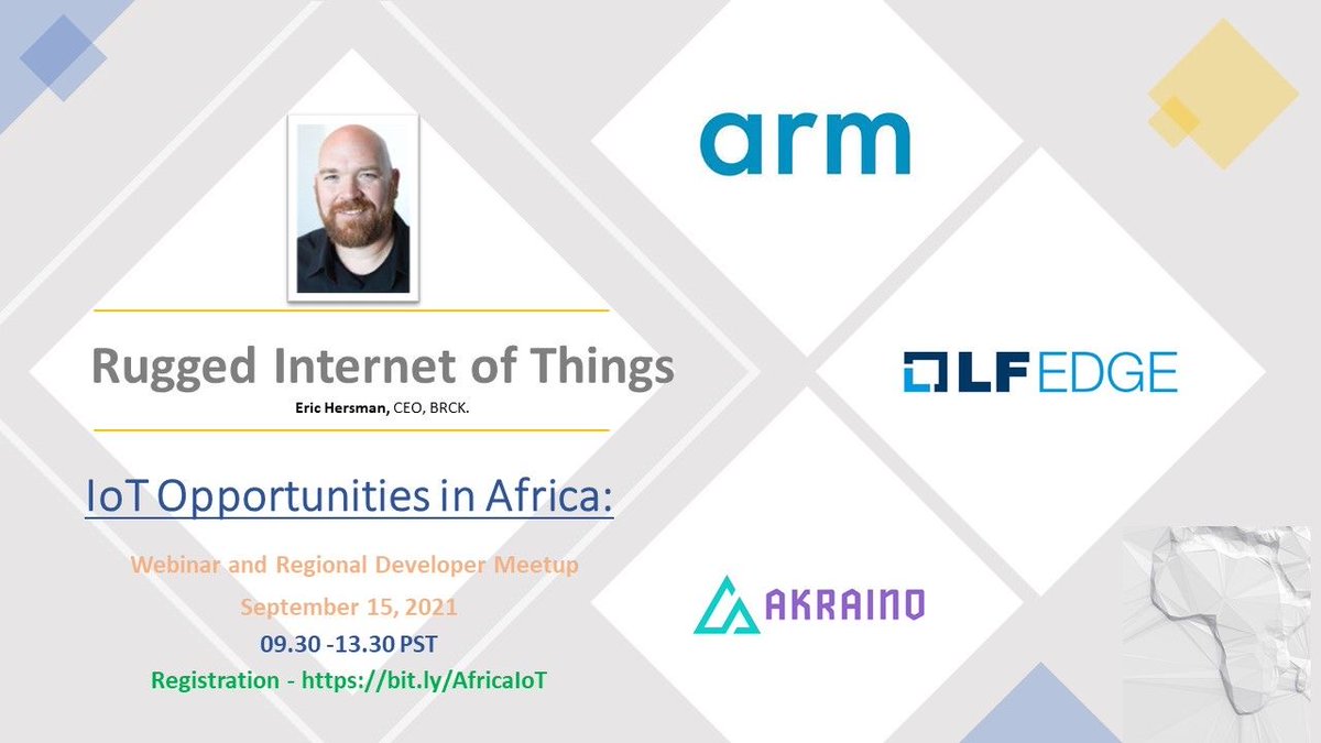 Just getting an “IoT in Africa” talk done for this event with <a href="/Arm/">Arm</a> - it’s all done from the perspective of <a href="/brcknet/">BRCK</a>  and our work with sensors across industries - water mgmt, transportation and fleet mgmt, smart agriculture, etc. 

Starts in 2 hours: zoom.us/webinar/regist…