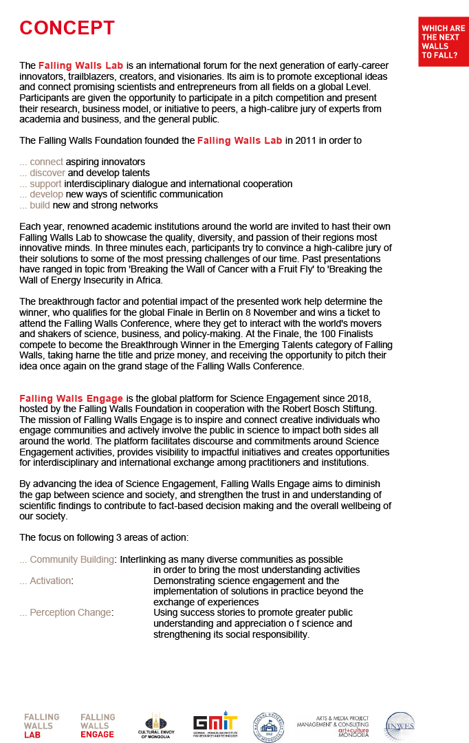 We'd like to bring together Mongolian Lab&amp;Engage Alumni,also young scientists&amp;researchers with the international FWEngage Community &amp; promote an intensive exchange within the framework of the Lab-Engage-Collider event on 1.Oct &amp; the Engage Activation Workshop on 2.Oct 2021
AGENDA