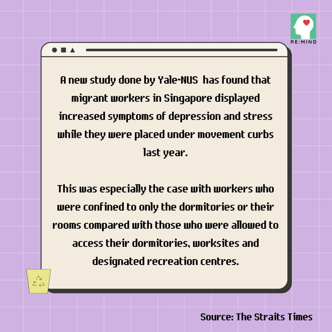remind_sg's tweet photo. [PART 1/2] Theme for September: Mental Health of Forgotten Groups 💭

For our first post in this series, we will be focusing on migrant workers. 
#mentalhealth #anxiety #depression #mentalillness #migrantworkers #foreignworkers #constructionworkers #transientworkers https://t.co/Abc2inf10V