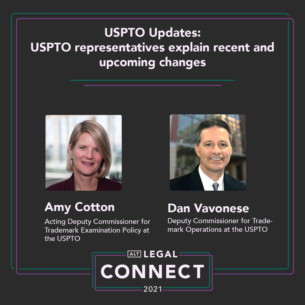 Starting soon at #altlegalconnect: We’ll hear from the <a href="/uspto/">USPTO</a> about how they are handling the surge in #trademark applications and what it means for your clients. Also, they’ll discuss important changes to #trademarkprosecution with the #TMA. hubs.li/H0X4Lvn0