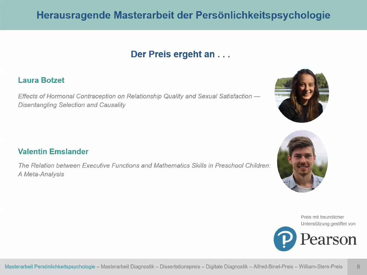 DGPs_DPPD's tweet photo. Der #dppd2021 Preis für eine herausragende Masterarbeit der Persönlichkeitspsychologie geht an @laura_j_botzet und Valentin Emslander. Herzlichen Glückwunsch! https://t.co/Y8SSeqxn2Y