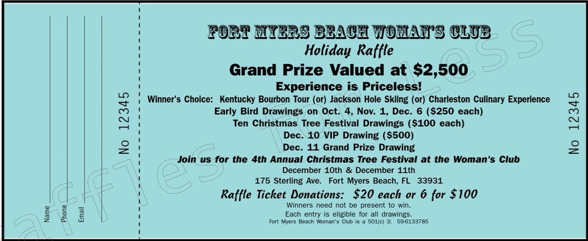wrtorge's tweet image. Holiday Raffle is back.  Your support helps us support nonprofit organizations around Fort Myers Beach.  Purchase your tickets at fmb-wc.org
#FMBWC #Raffle #EarlyBird #Charleston #Kentucky #JacksonHole #Bourbon #Christmas #VIP #FMB #WomansClub