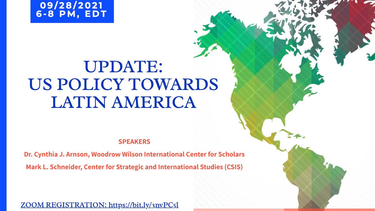 First webinar of the Cuba &amp; Beyond Series Fall 2021 will focus on US policy towards Latin America with <a href="/TheWilsonCenter/">The Wilson Center</a>'s Dr.<a href="/CindyArnson/">Cindy Arnson</a> and <a href="/CSISAmericas/">CSIS Americas</a>'s @MarkLSchneider 
🗓️September 28, 2021
⏲️6:00 PM EDT
🔗Registration bit.ly/3nvPC5l
