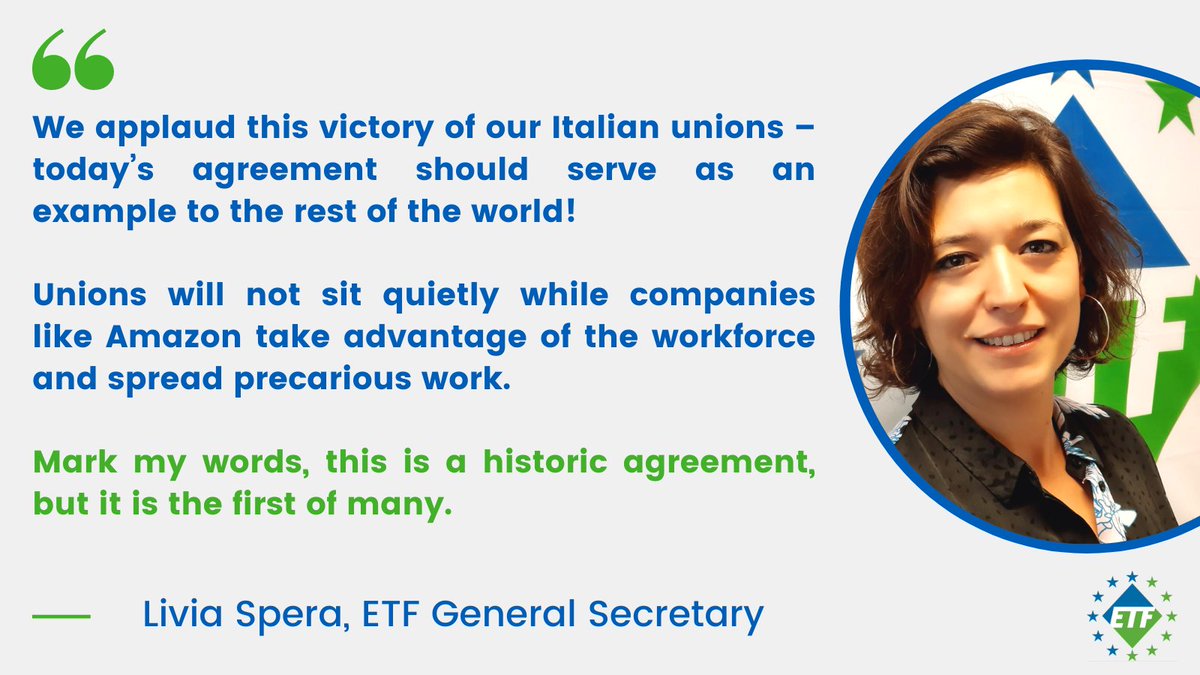 ETF_Europe's tweet photo. 👏🇮🇹 @FitCisl, @FiltCgil, @Uiltrasporti_N signed a historic agreement with #Amazon, establishing that the company must recognise them as social partners, AND more!

A landmark agreement that won't be the first!

✊There's #powerinaunion!

Find out more ⤵️
https://t.co/cZORnFjRlN https://t.co/SmifqsSwdU