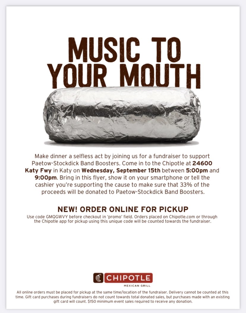 PaetowBands's tweet photo. No need to ask what’s for dinner tonight! Join us TONIGHT @ChipotleTweets for dinner and support the AMAZING @PaetowHS and @SJHCats Band students!
#Support #DinnerSolved #FineArtsFamily https://t.co/sxkS9RrJp3