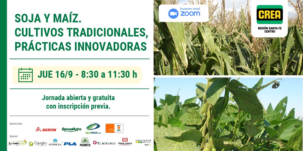 Mañana ⏰
Nueva jornada técnica <a href="/crea_fe/">CREA SANTA FE CENTRO</a> 📣 Estamos innovando en #Soja y #Maíz y compartimos experiencias y aprendizajes 🌱🌽

✅ Puntos críticos de manejo 
✅ Criterios de uso
✅ Rentabilidad esperada 

🗓️ 16/9
🕘 8 30 h
💻 Virtual

¿Ya te inscribiste? 👉🏼 bit.ly/sojaymaiz