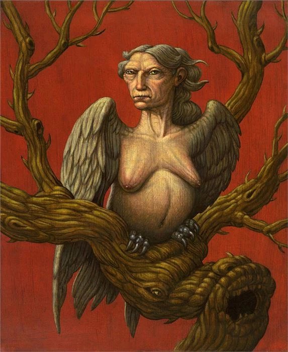 wefoguang's tweet photo. Marc Burckhardt, Canto 13: A Harpie, 2016, acrylic and oil on wood panel, from Dante’s Inferno published by Easton Press, https://t.co/Q7XtnqNKl2