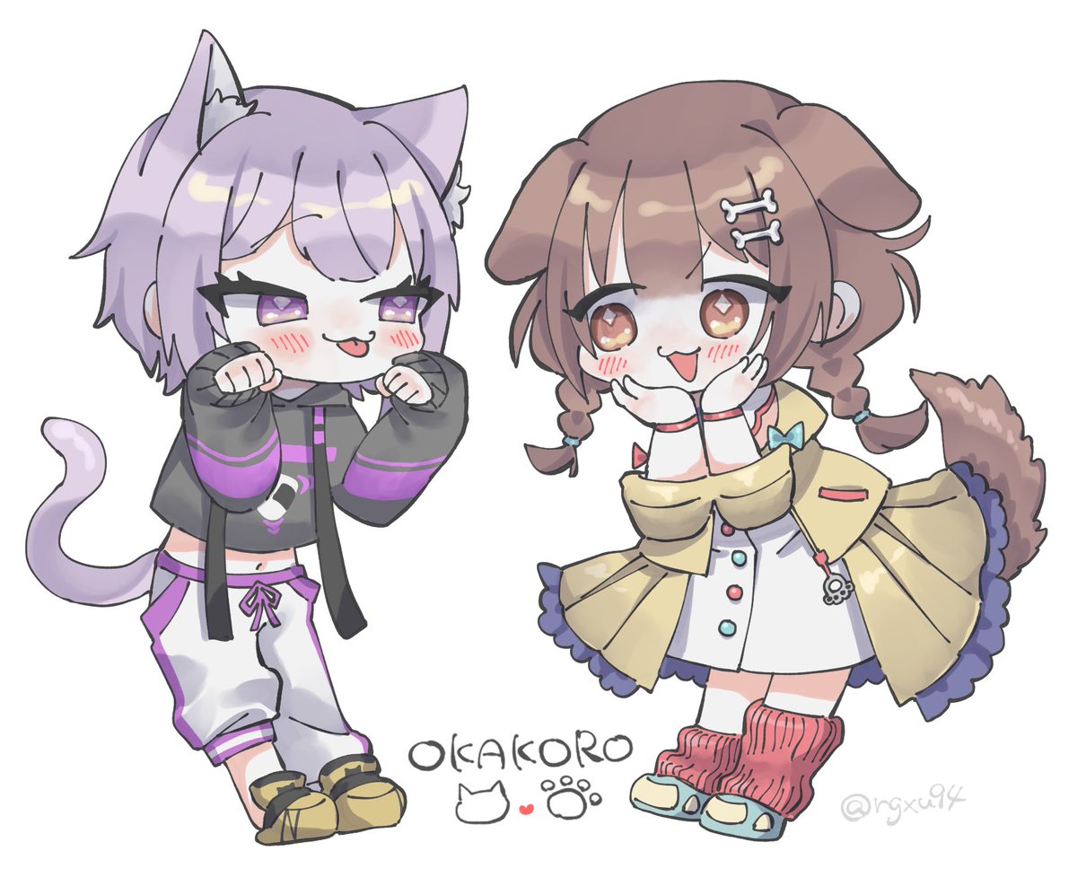 inugami korone ,nekomata okayu multiple girls 2girls cat ears dog ears animal ears tail cat tail  illustration images