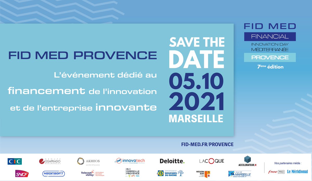 Le #FidMed Provence approche à grands pas !

🗓 Le 5 octobre on se retrouve pour THE événement du financement de l'#innovation et des entreprises innovantes dans les locaux du <a href="/574_invest/">574 Invest</a>  @SNCF_Digital 🚄

⚠️ Événement à jauge limitée en présentiel