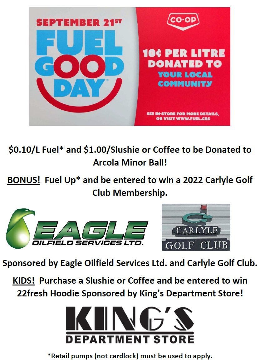 AKCombines2's tweet photo. Start draining your fuel tanks! Arcola Minor Ball is extremely grateful to be the recipient of this year's Arcola Co-op Fuel Good Day on Sep 21! https://t.co/8IU1nDqdyh
