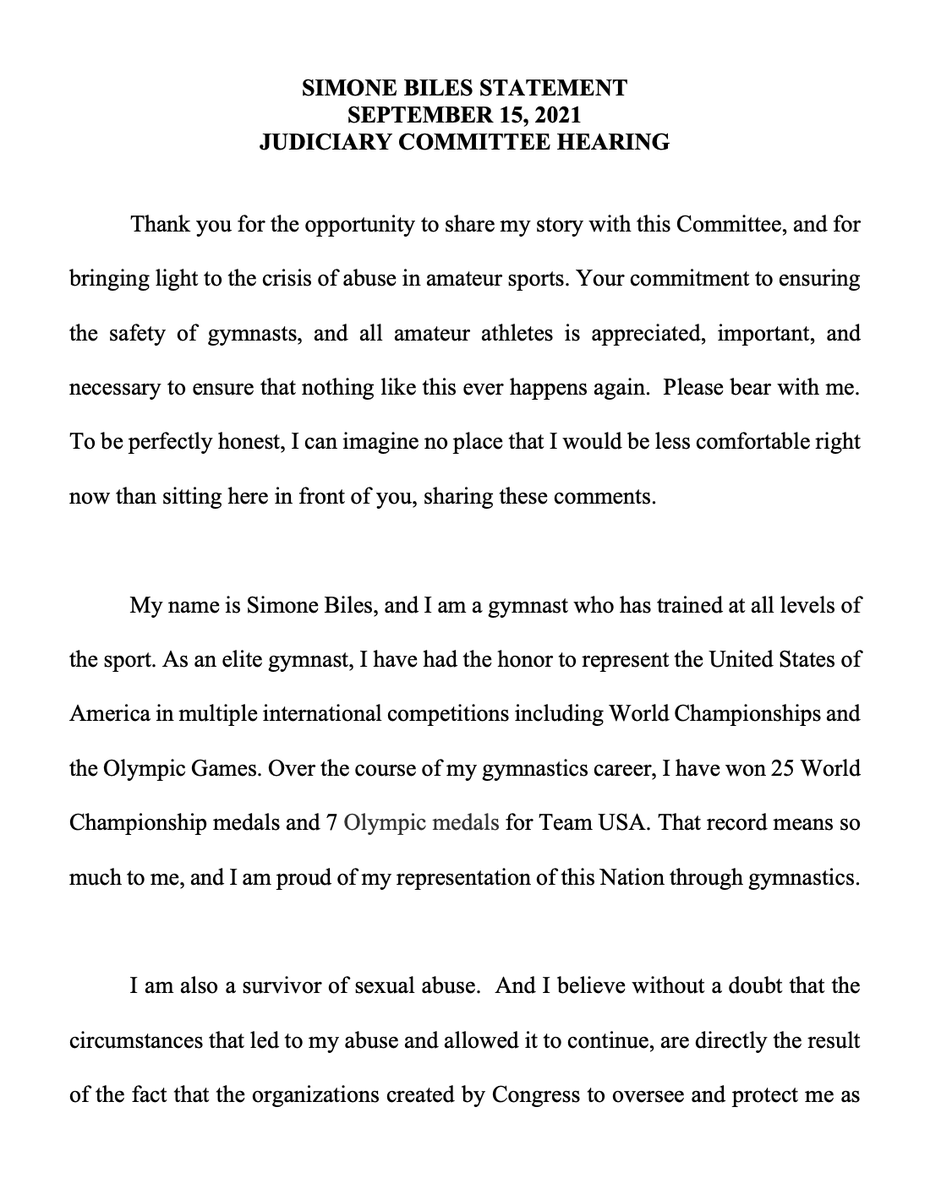 girlsreallyrule's tweet photo. Here is the full opening statement made by @Simone_Biles at today's hearing on the FBI's mis-handling of the USA Gymnastics and Larry Nassar investigation. 

You need to read all of it. https://t.co/RfQH1Ue8qv