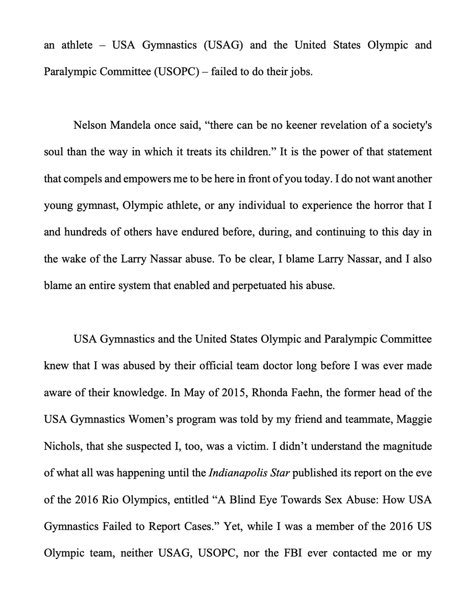 girlsreallyrule's tweet photo. Here is the full opening statement made by @Simone_Biles at today's hearing on the FBI's mis-handling of the USA Gymnastics and Larry Nassar investigation. 

You need to read all of it. https://t.co/RfQH1Ue8qv