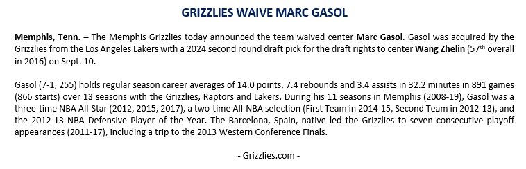 [情報] 灰熊宣布裁掉Marc Gasol