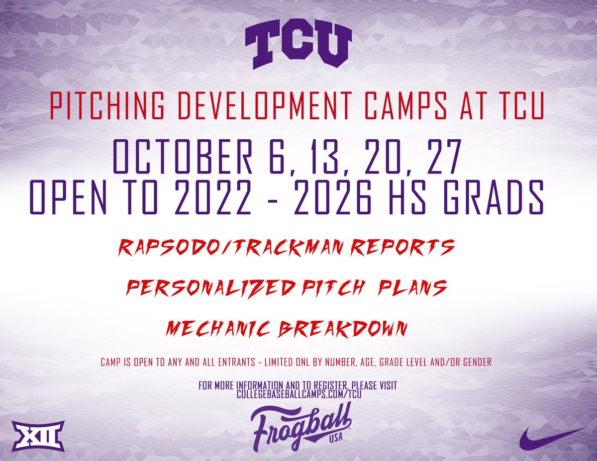 Want to experience what it is like to be a Pitcher at TCU??

Come find out. 

From the classroom. To the Lab. To the Bullpen. And Everything in between.

Register: info.collegebaseballcamps.com/tcu/
