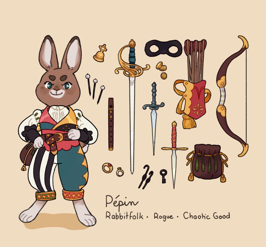 d__indy's tweet photo. Meet Pépin, my new D&amp;D character! 🗡️
She is a rogue rabbit-folk who's always looking to steal some noble's pocket https://t.co/JT8z0Ukuk2