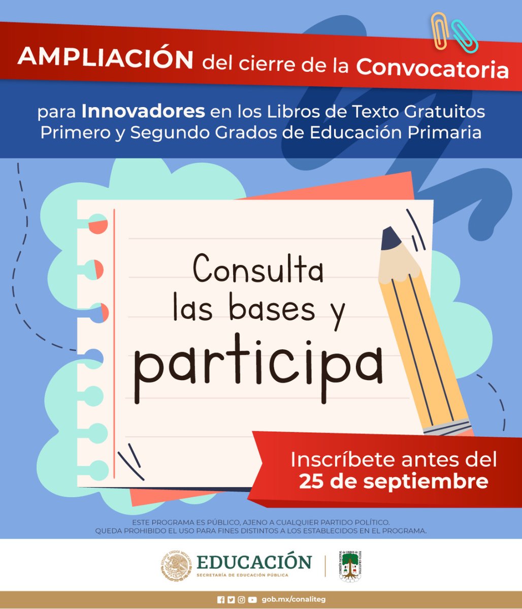 📣📣¿Te gustaría ver nuevos y mejores contenidos en los libros de texto? 
Aún puedes formar parte de los innovadores que realizarán el nuevo material para los #LibrosDeTextoGratuitos
Revisa las bases en: librosdelrincon.sep.gob.mx/.../Ampliacion...
¡Participa! 📘✍️