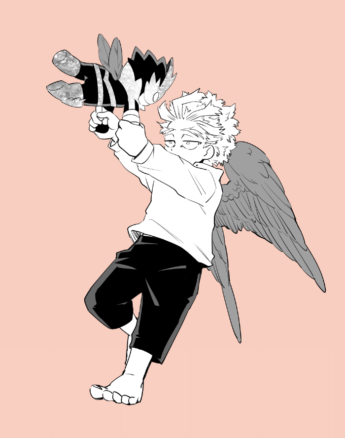 endeavor (boku no hero academia) ,hawks (boku no hero academia) male focus wings feathered wings 1boy barefoot aged down short hair  illustration images