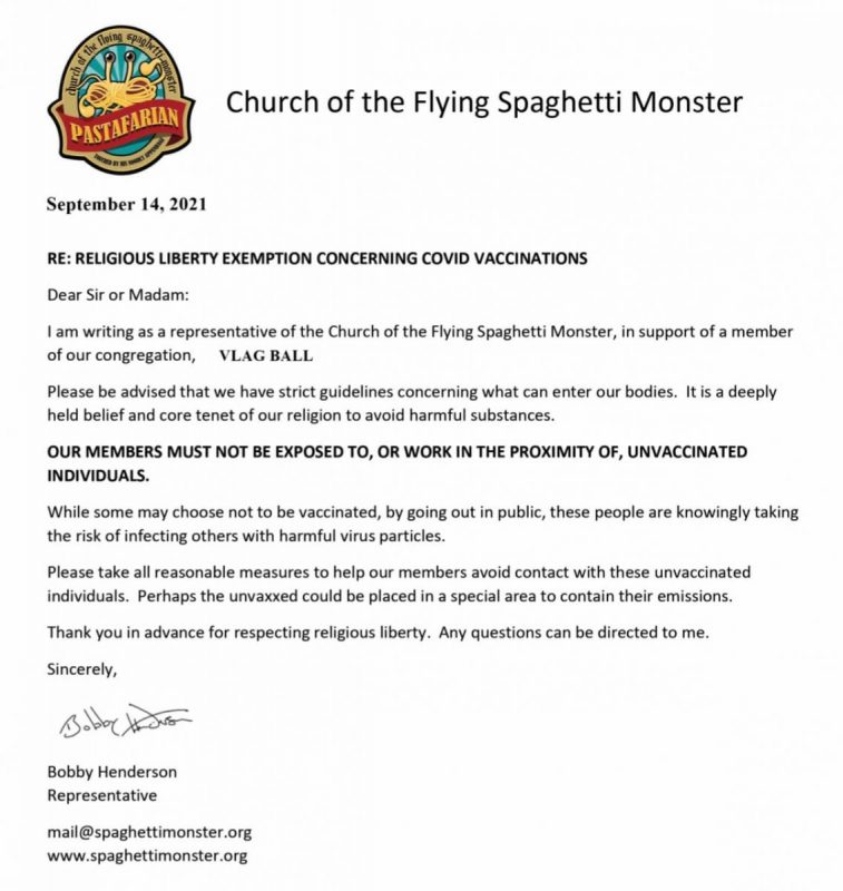 BenjaminHCCarr's tweet image. I am happy to announce that we are offering Official #ReligiousExemption letters from the #ChurchOfTheFSM for those #Pastafarians who would like to be exempt from working in proximity to the #unvaxxed.  bit.ly/3nvAd5g
#Covid19 #COVIDvaccine